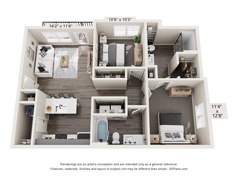 Floor plan for 2 beds, 2 baths, 954 sqft